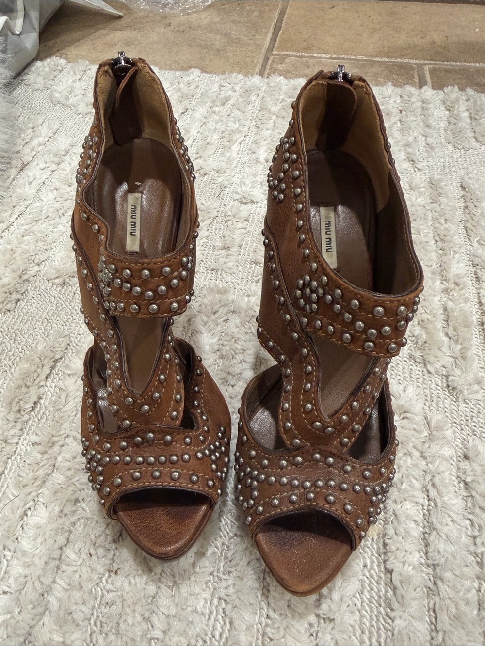 Miu Miu Brown Studded Open-Toe High-Heel Sandals